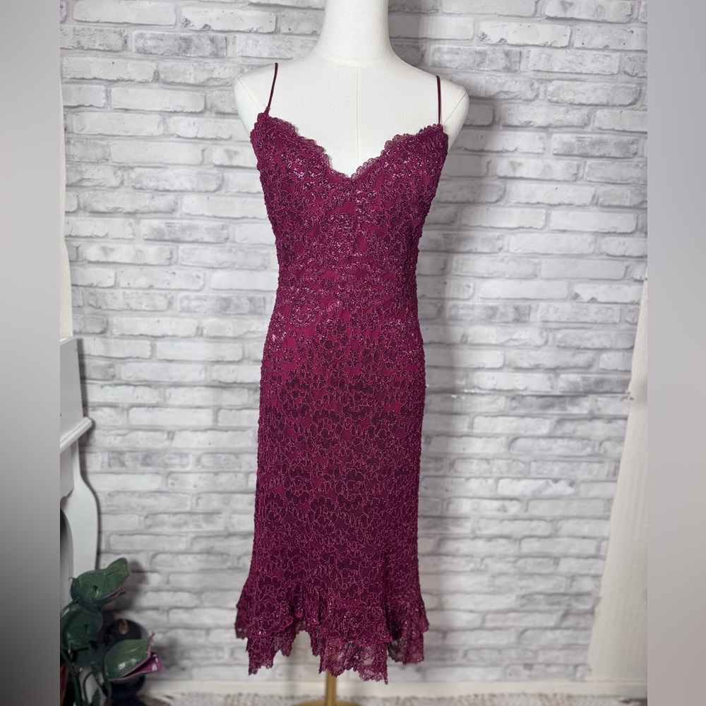 Betsey Johnson Burgundy Lace Midi Lace Party Dress